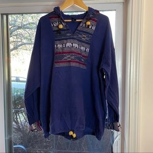Vintage Ethnic Tunic 2XL Long Sleeve Elephant Hooded Beaded Drawstring Shirt